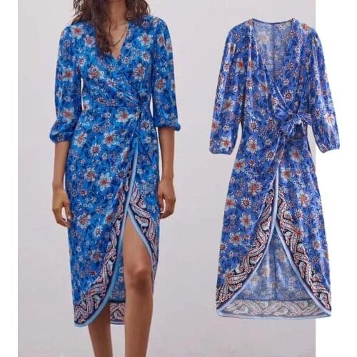 Klkxmyt Za 2021 Floral Long Dress Woman Blue Wrap Dress Women Vintage Long Puff Sleeve Midi Summer Dresses Tied Elegant Dresses
