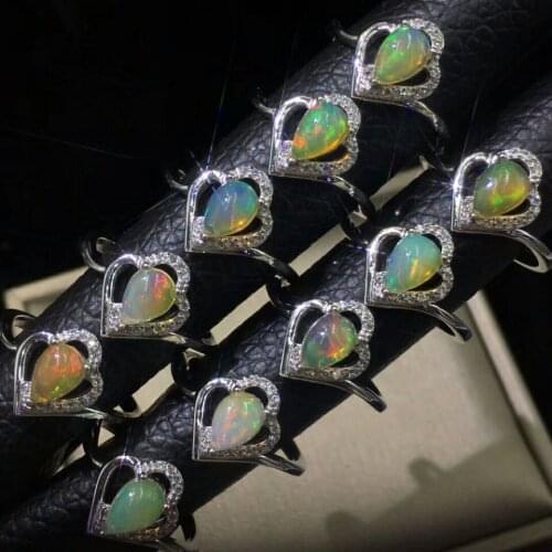 Real Natural Opal Rings Pear 5x7mm Opal Wedding Rings Multicolor Opal 100% 925 Sterling Silver with Women Adjustable Rings Size