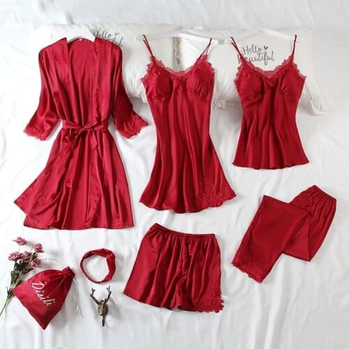 Sexy Female 7PCS Robe Set Sleepwear Casual Kimono Bathrobe Gown Nightgown Satin Nightwear Intimate Lingerie Bridal Wedding Gift
