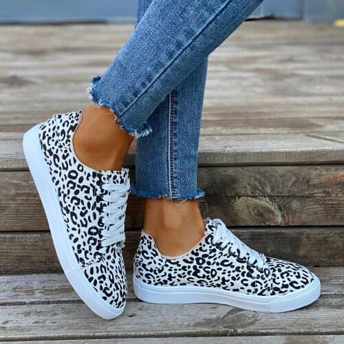 Womens sneakers flat leopard print stitching large size casual Non-slip Canvas Sports Running Light Comfortable Shoes