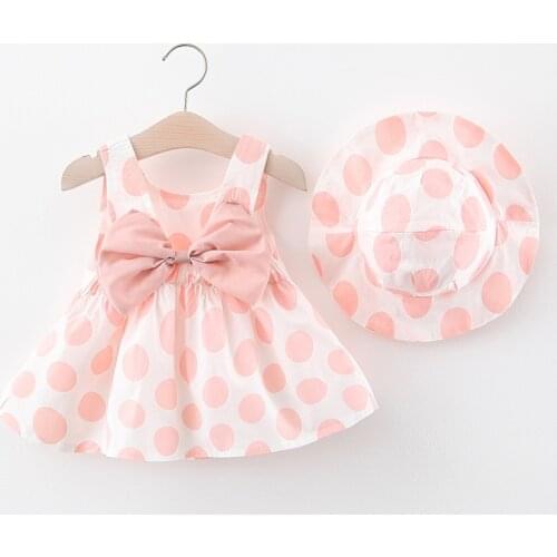 2020 New Summer Baby Girl Dress Childrens Clothing Dot Print Bow Dress Hat 2pcs Casual Infant Toddler Clothes Set Kids Outfits