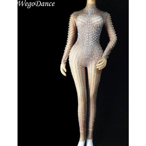 New sexy 3d print pearl fashion rhinestone bodysuit nightclub bar DJ dancer performance suit women freeshipping