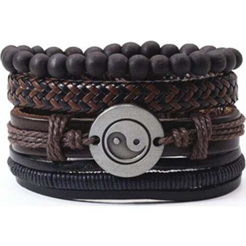 Taichi Star Beads Rope Woven Multilayer Weed Leaf Leather Bracelets Set Men Bracelets Women Homme Fashion Jewelry Accessories