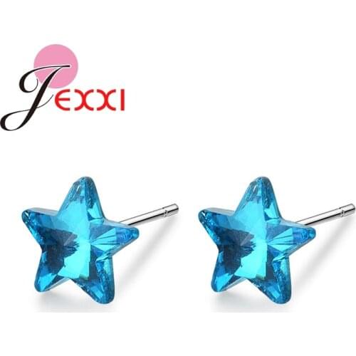 Simple Style Clear Lake Blue Beautiful Star Shape Design Solid 925 Silver Stud Earrings Crystal Jewelry For Women Ladies