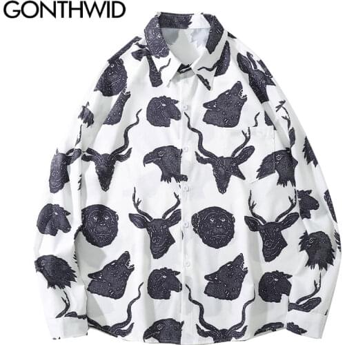 GONTHWID Streetwear Shirts Deer Eagle Wolf Monkey Print Long Sleeve Blouse Shirt Mens Harajuku Fashion Casual Loose Hip Hop Tops