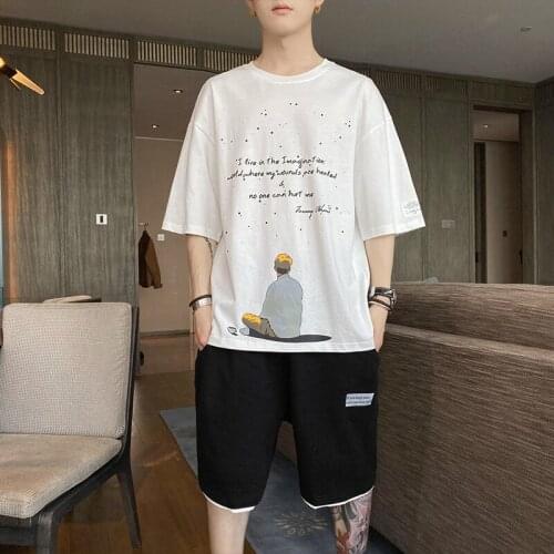 New Summer Mens Cotton Short Sleeve Shirt Loose Clothing Trend Casual Set Korean Version Handsome Student Boy Two Piece Suit