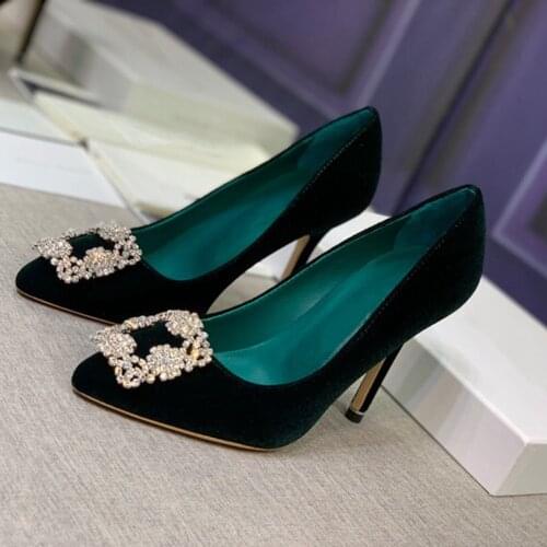 S Top Quality Velvet Leather Womens Pumps Pointed Toe Shoes For Woman Dress Shoes Crystal High Heels Pumps Shoes Plus Size 34-41