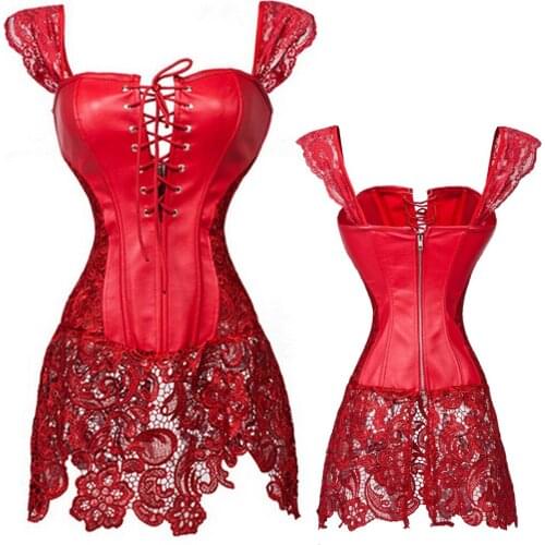 Plus Size Sexy Corset Black Red Lace Shoulder Strap&Hem Faux Leather Corset Lace-Up Front and Back Zipper Bustiers W5504