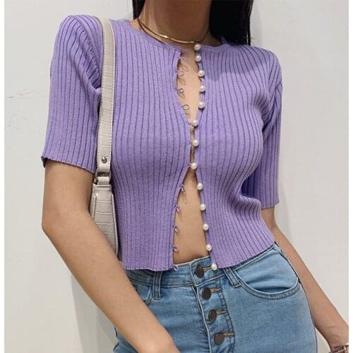 Sexy Crop Tops Fashion Slim Round Neck Solid Color T Shirt 2020 New Short Sleeved Knitted T-shirt Pearl Buttons Cardigan