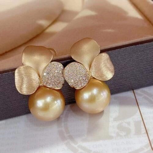 M127 Solid 925 Sterling Silver Round 9-10mm Fresh Water Golden Pearls Studs Earrings for Women Fine Birthday Presents