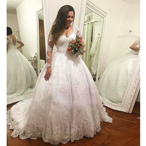 Vestido De Casamento Long Sleeves Wedding Dress Luxury Ball Gown Bridal Gowns Custom Made Lace Appliques Wedding Dresses 2019