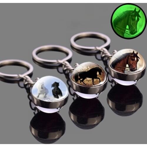 Glowing Horse Glass Ball Keychain Crazy Horse Luminous Jewelry Double Sided Glass Key Chains Animal Keyring Holder Gifts For Men