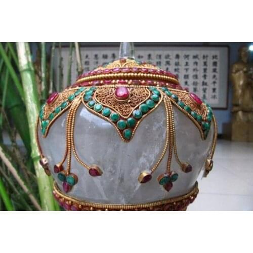 Tibet Silver Handwork inlay Gild crude crystal Ruby beryl kettle Crock Pot Vase