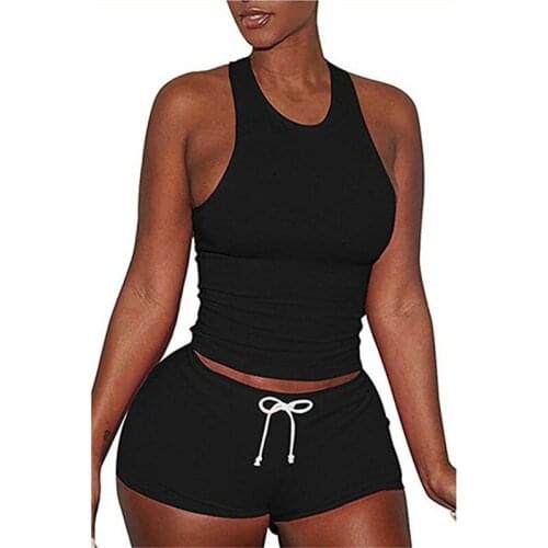 Women Sets Fitness Sleeveless O Neck Tanks Top Off Shoulder Skinny Cool Tops Drawstring Casual Shorts Two Piece Set Female