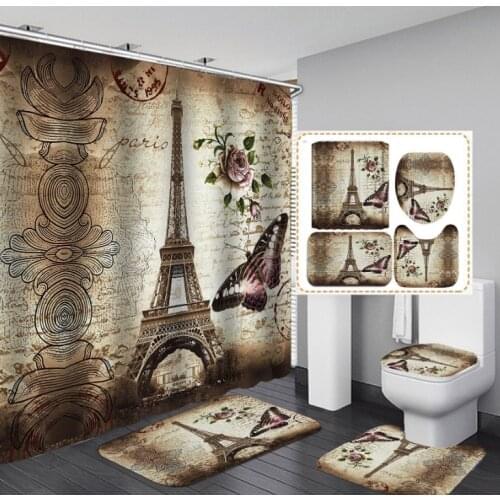 Eiffel Tower Waterproof Shower Curtain Bath Mat Pedestal Rug Lid Toilet Cover