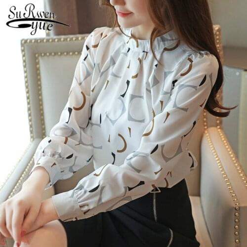 Fashion Clothing Casual Long Sleeve Korean Chiffon Women Blouse Print O-neck Blouse White Black Slim Autumn Ladies Tops 6053 50