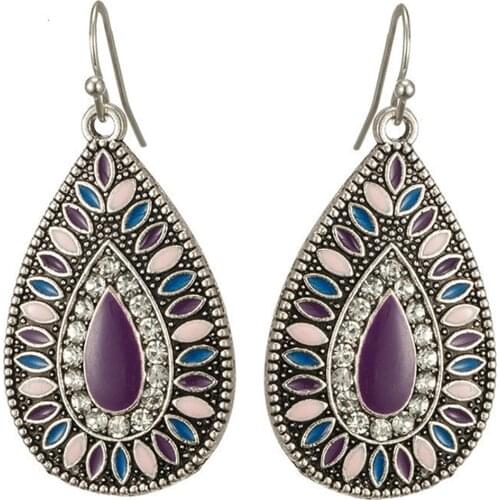 2020 New Ethnic Water Drop Style Bohemia Tassels Oil Painting Purple Earrings For Women Vintage Earring Indian Jewelry Gifts