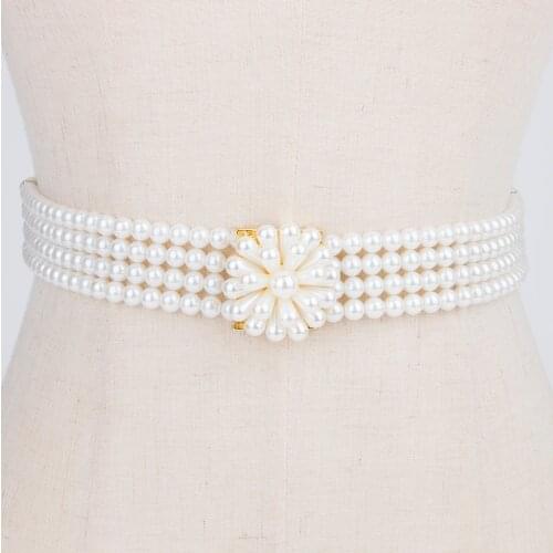 1Pcs Gold Buckle Elegant White Elasticity Pearl Weave beads Chain belt Beads decorative Waist for ladies/girl Apparel dress