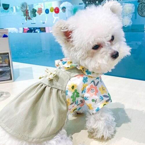 2021 Small Floral Dog Princess Dresses For Small Dogs Autumn Sweet Puppy Cat Skirt Costume Fold Lace Collar High Waist Dress
