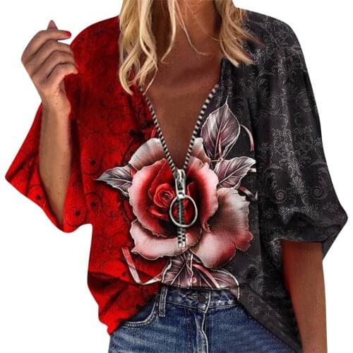 2021 Vintage Floral Printed Tshirts Female Harajuku Zip Up Pullover Graphic Tee Summer Korean Long Sleeve V-neck T-shirts Tops