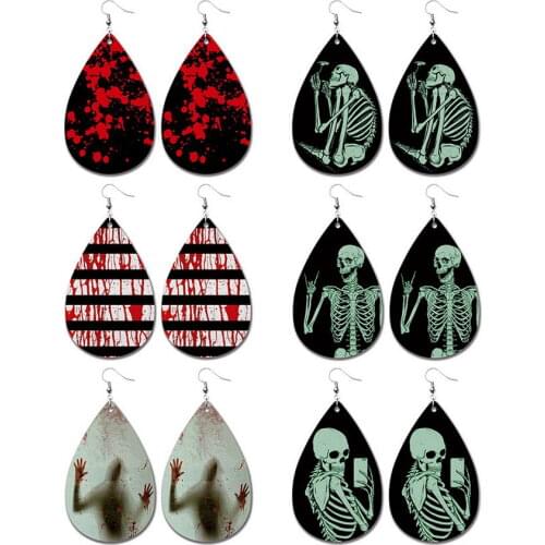Free Shipping Horrific Skeleton Pattern Print PU Leather Teardrop Halloween Earrings for Women All Saints' Day Evening Jewelry