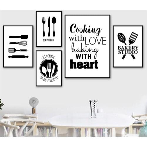 Black White Cooking With Love Kitchen Quote Wall Art Canvas Painting Prints Posters Kitchen Dining Room Decoration Picture