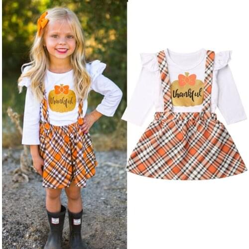 1-5 Years Kids Baby Girl Clothes Long Sleeve Pumpkin T-Shirt Tops Suspender Skirt Girls Set 2pcs Outfits Baby Girls Clothes Set