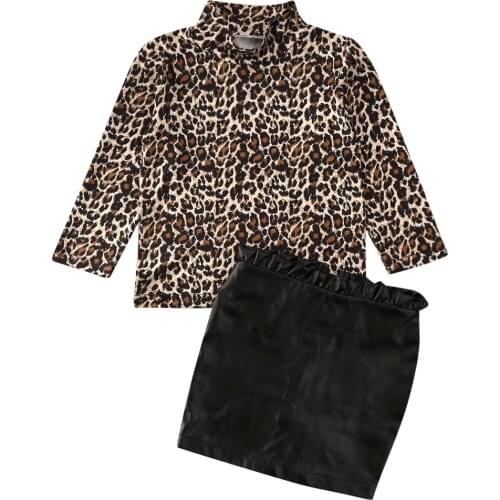 Boutique Kid Clothes 2020 Toddler Baby Kids Girl Clothes Leopard Tops + Leather Skirt 2pcs Outfits Set Size 2-6Y