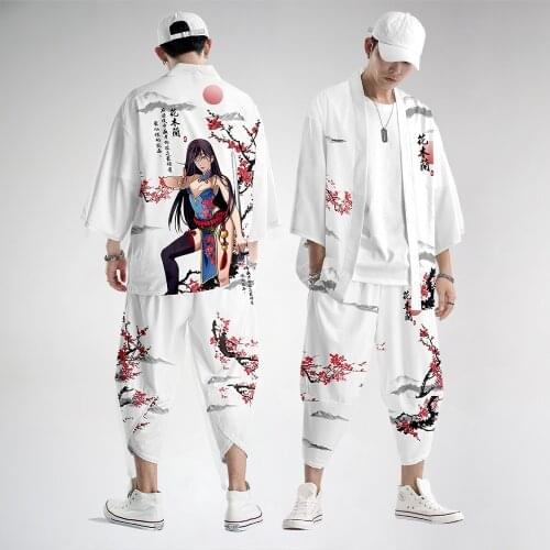 Oversize 6XL Chinese Cartoon Printed Cardigan Obi Yukata Mens Haori Kimono And Pant Traditional Japan Clothing