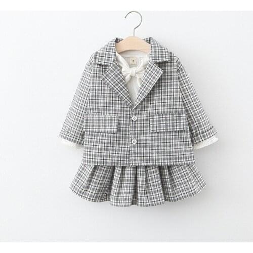 DFXD Toddler Girls Clothes Set Spring New Fashion Plaid Blazer Jacket Coat+Bow Knitted Top+Tutu Skirt 3pc Princess Costume 1-5T