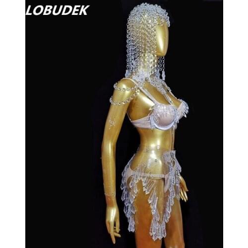Bar Nightclub Women Sexy Dance Costume Transparent Crystals Stones Bikini Wig Headgear Outfit Festival Rave Show Stage Wear