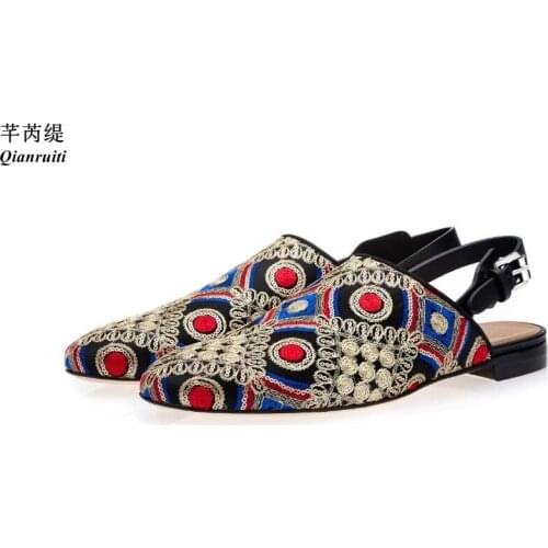 Qianruiti Summer Casual Shoes Men Back Strap Slippers Patchwork Embroidered Mules Slingbacks Sandals Flats Shoes Men