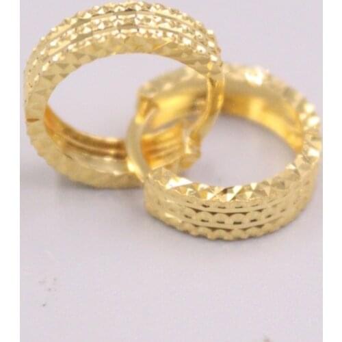 Real Pure 18K Yellow Gold Earrings Gift Three Rows Carved Hoop Earrings About 2.3g For Woman