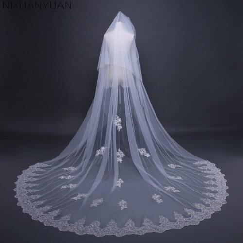 NIXUANYUAN 2021 New Top Quality 2 Tiers Sequin Lace Edge Cathedral Wedding Veil White Ivory Bridal Veil With Blusher
