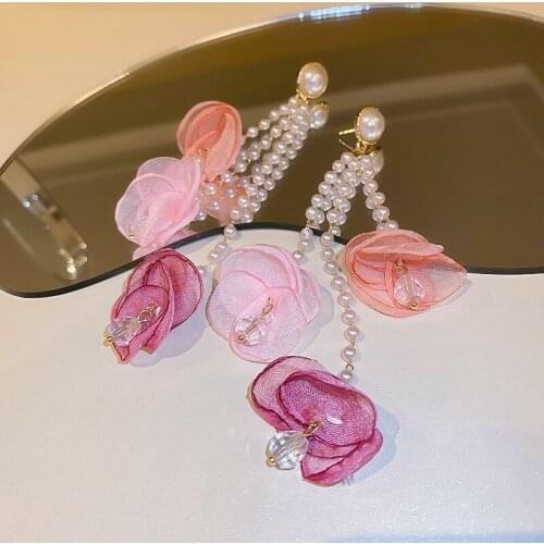 New Fashion Sweet Hyperbole Style Fresh Flowers Modelling Drop Earrings Long Tassels Fine Pearl Elegant Women Earrings