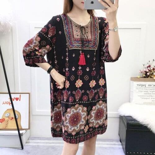 Tribal and Botanical Print Boho Dress Women Bohemian Long Sleeve Casual Loose Mini Dress Straight Shift Geometric Midi Dresses
