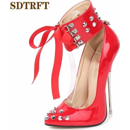 SDTRFT zapatos mujer 16cm Metal thin high heels wedding shoes woman Revit Pointed Toe Female Party Ankle strap Bowtie Punk pumps