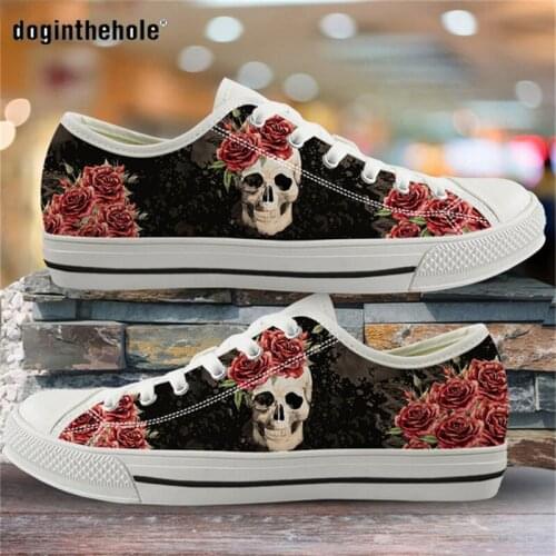 Doginthehole Sugar Skull With Rose Print Canvas Flats Women Comfortable Vulcanized Shoes Students Girls Low Top Classic Sneakers