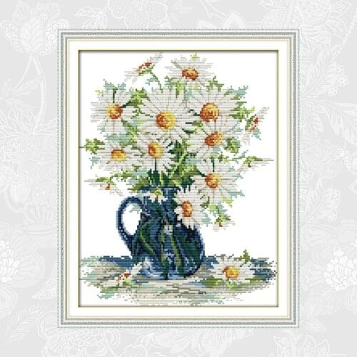 Daisy vase Cross stitch kits DIY Handwork Cross stitching Beginner Printed Canvas White Fabric Embroidery Needlework sets
