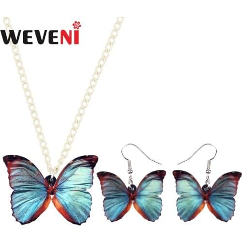 WEVENI Acrylic Hot Trendy Grey Blue Butterfly Earrings Necklace Collar Insect Jewelry Sets For Women Girls Drop Ship Wholesale