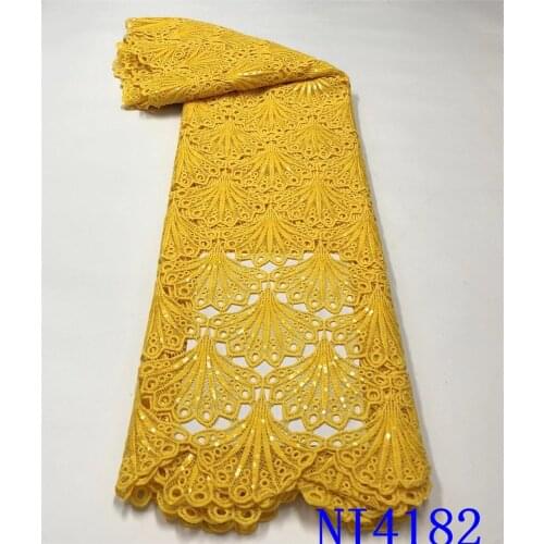 Yellow Milk Silk Lace African Nigerian Lace Fabric with Sequins High Quality Milk Fibers Lace Fabric for Party Sewing NI4182