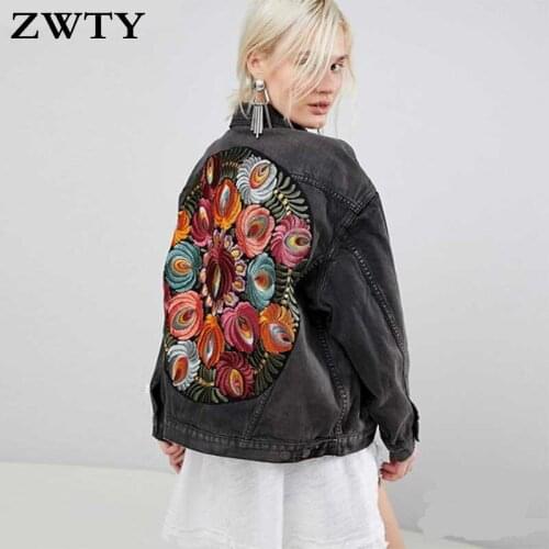 ZWTY New Colorful Floral Embroidered Denim Jacket Oversized Long Sleeve Fashion Woman Jacket Coat Multi Floral New Autumn Winter