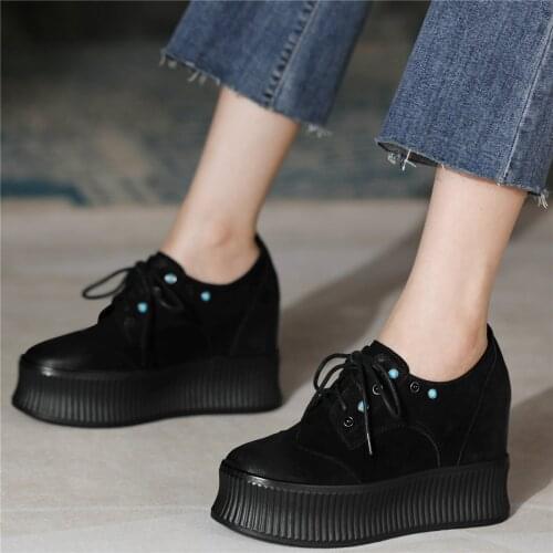 2021 Women Lace Up Genuine Leather Wedges High Heel Ankle Boots Female Round Toe Chunky Platform Fashion Sneakers Casual Shoes