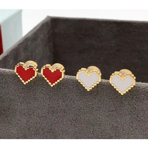 SLJELY Fashion Real 925 Sterling Silver Yellow Gold Color Red and White Pixel Love Heart Stud Earrings for Women Brand Jewelry