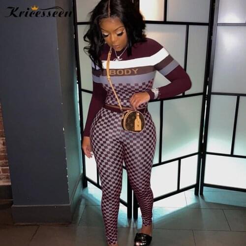 Kricesseen Casual Plaid Print Two Pieces Pant Set Women Letter Top And Biker Long Pants Suits 2 Pieces Outfits Matching Set