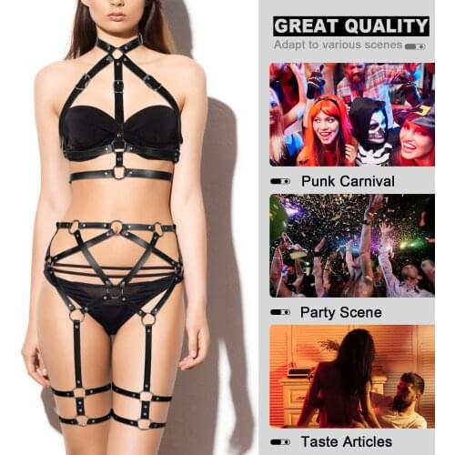 Goth Choker Bondage Leather Binding Chest Cage 2-Piece Set Erotic Lingerie Body Chain Halloween Rave Women Sexy Bra Garter Belt