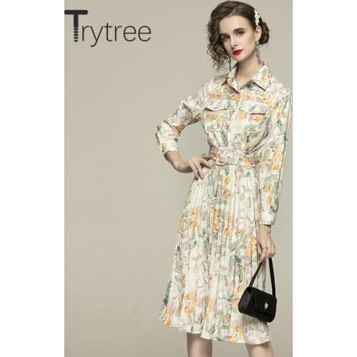 Trytree 2021 Spring Summer Womens Dress Casual Turn-down Collar Floral Belt Pleated A-line Mid-Calf Office Lady Shirt Dress