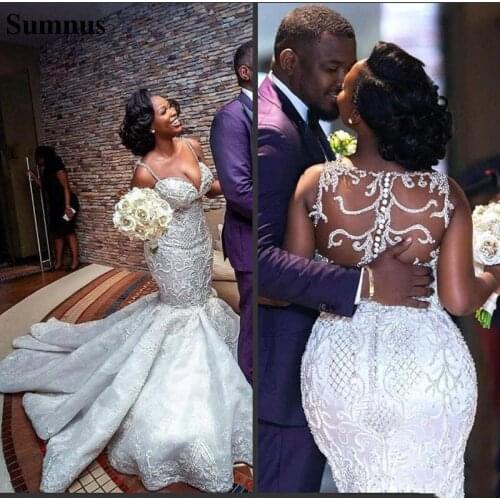 Sunmus Beaded Mermaid Wedding Dress Sexy Backless Plus Size Crystals Beach Bridal Gown Custom Made Boho