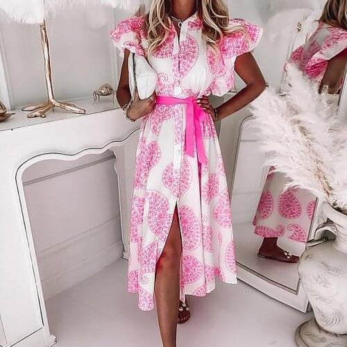 Sexy V Neck Short Sleeve Party Dress Vintage Print A-Line Dresses 2021 Summer Women Shirt Dress Lace-Up Belt Long Dresses