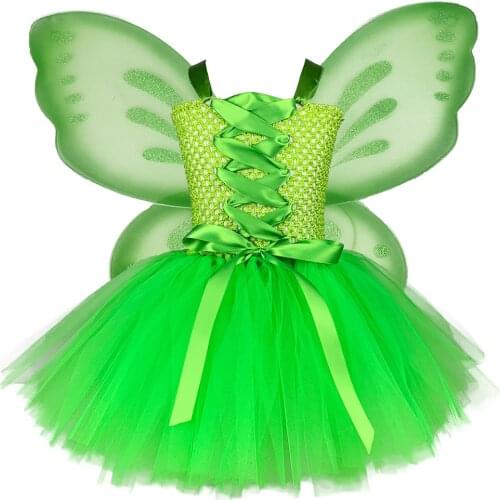 1 Set Kid Tinkerbell Tutu Dress Baby Girls Green Garden Fairy Dress with Fairy Wing Child Birthday Halloween Fairy Costume Outfi